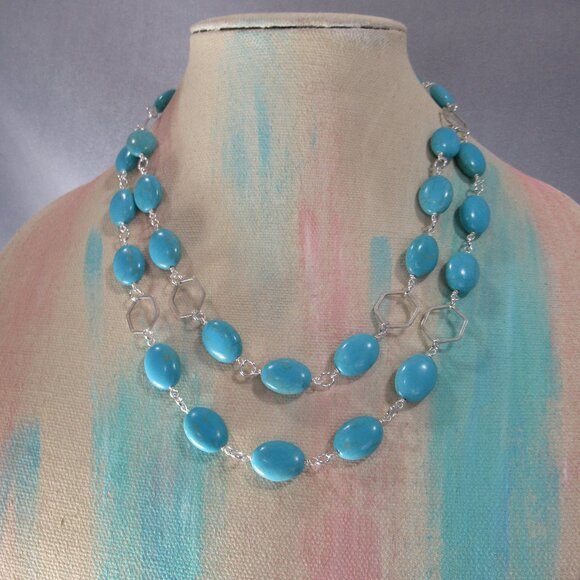 Turquoise Magnasite Necklace, Multi Strand Wrapped Wire Chain - Picture 6 of 6